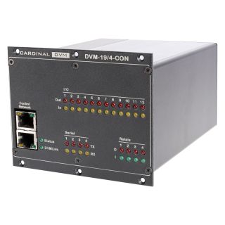 CARDINAL DVM ¼ -19“-Mediensteuerung, Conference, IN: 2 x RJ45/4 x bidirektional RS232 über 3-pol 3,5 mm Euroblock/12 x Tasterschnittstelle mit LED-Rückmeldung über 3-pol 3,5 mm Euroblock/4 x Schaltrelais (max. 48 VDC, 5 A) über 2-pol 3,5 mm Euroblock | OU