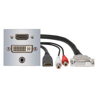 Anschluss-Modul HDMI fem. —> 0,15 m Kabelpeitsche HDMI fem. + DVI fem.  —>  0,15 m Kabelpeitsche DVI fem. + 3,5 mm Stereoklinke fem.  —> 0,15 m Kabelpeitsche 2 x RCA/Cinch fem., Baugröße: 45x45 mm, Kunststoff, Farbe: alusilber