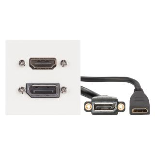 Anschluss-Modul Displayport fem. —>  0,15 m Kabelpeitsche Displayport fem. + HDMI fem. —> 0,15 m Kabelpeitsche HDMI fem., Baugröße: 45x45 mm, Kunststoff, Farbe: reinweiss, RAL 9010