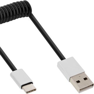 InLine® USB 2.0 Spiralkabel, USB-C ST an A ST, schwarz/Alu, flexibel, 1m