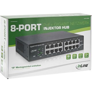 InLine PoE+ Gigabit Netzwerk Injektor Hub 8 Port (8x PoE+), 1GBit/s, 19 (Winkel enthalten), Metall, lfterlos