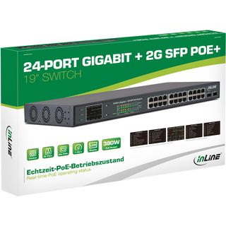 InLine PoE+ Gigabit Netzwerk Switch 24 Port, 1GBit/s, 2xSFP, 19 (Winkel enthalten), Metall, Lftersteuerung, mit Display, 420W