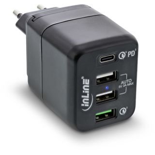 InLine USB Netzteil, 4-port Ladegerät, USB-C PD+QC4 / QC3, 45W, schwarz