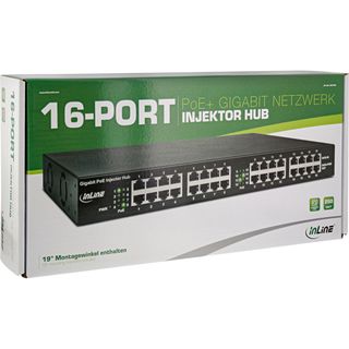 InLine PoE+ Gigabit Netzwerk Injektor Hub 16 Port (16x PoE+), 1GBit/s, 19 (Winkel enthalten), Metall, 2 Lfter