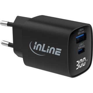 InLine® USB PD Netzteil, GaN Ladegerät, 2-Port, USB-C + USB-A, 30W, mit Display