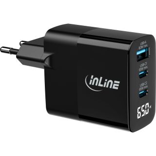 InLine® USB PD Netzteil, GaN Ladegerät, 3-Port, USB-C + USB-A, 65W, mit Display