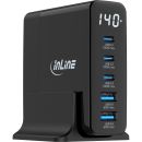 InLine® USB PD Netzteil, GaN Ladegerät, 5-Port, USB-C + USB-A, 140W, mit Display